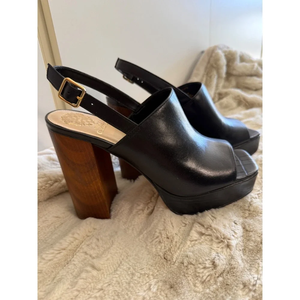 Vince Camuto Black Leather Platform Slingback Wood Block Heel Sandals Square Toe